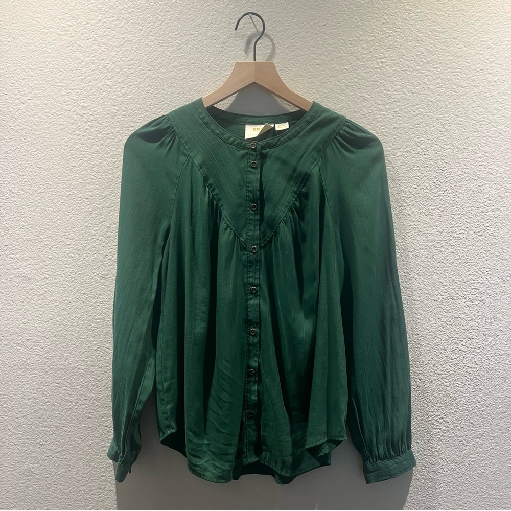 Maeve by Anthropologie Avignon Dark Green Pleated Button Front Stripe Blouse S - Picture 8 of 9
